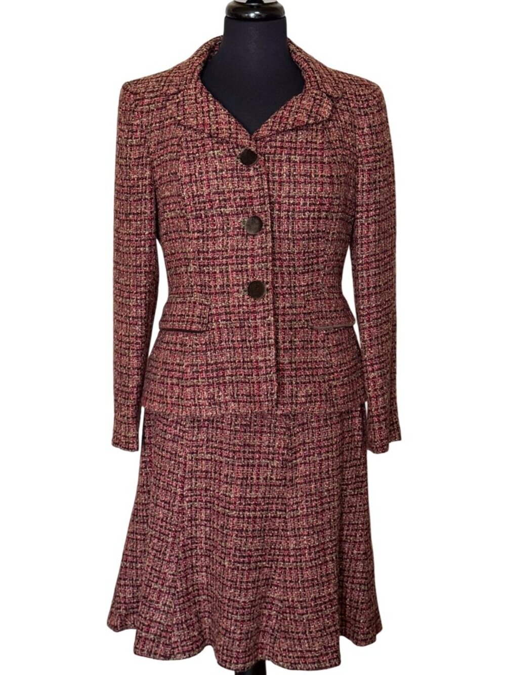 2 Pc. Le Suit Petite Tweed Wine & Sage Jacket & Skirt Suit Set Women's Size 6P